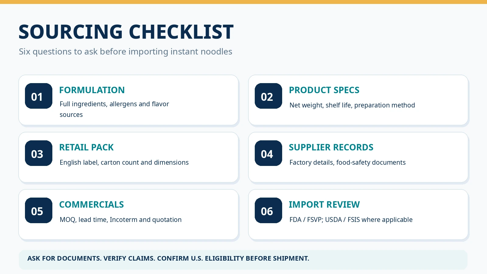 Vietnamese instant noodle supplier checklist covering ingredients, packaging, MOQ and U.S. import requirements