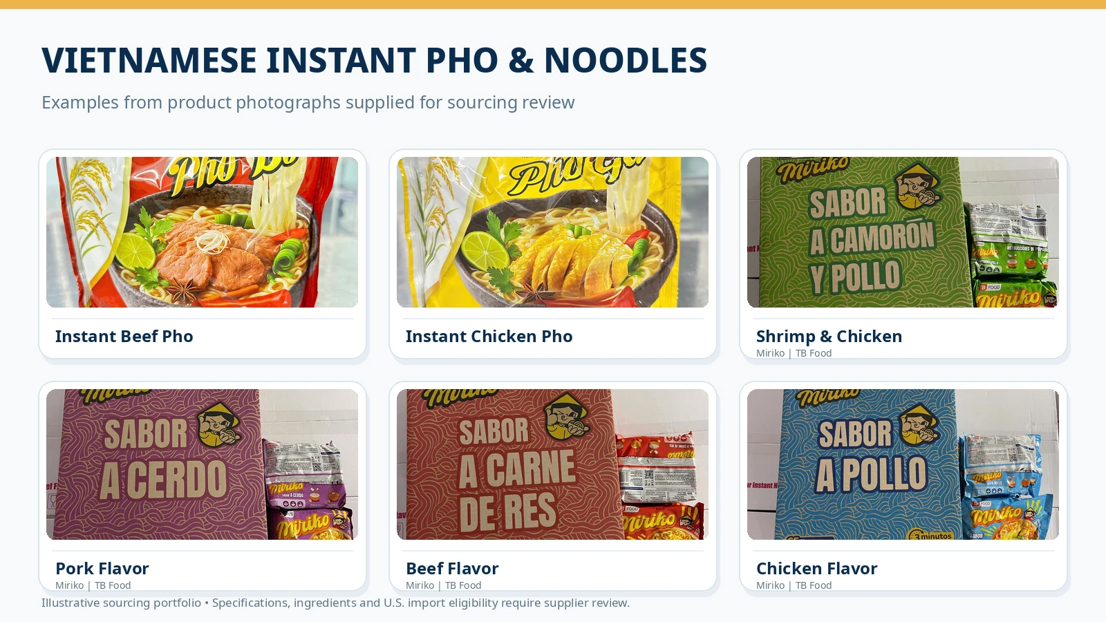 Vietnamese beef and chicken instant pho alongside Miriko instant noodles in four flavor varieties